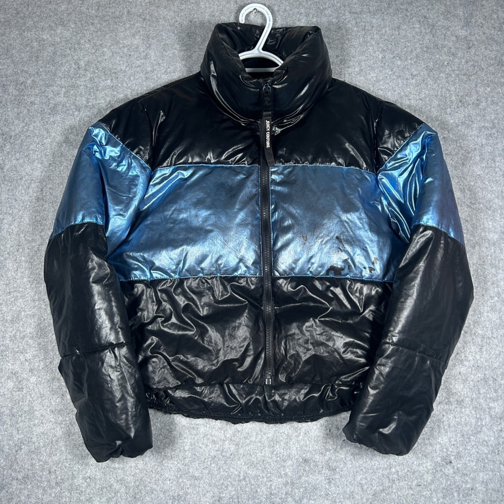 Juicy Couture Puffer Jacket Womens Medium Black‎ Blue Metallic black label y2k